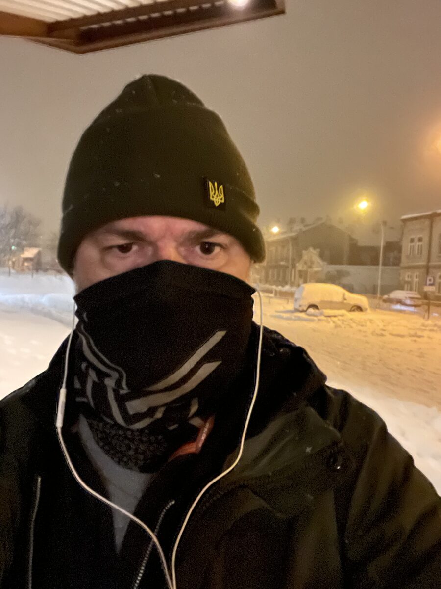 At the Polish border in winter, wearing a tryzub beanie